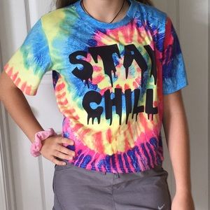 Cropped vibrant colored tie dye “stay chill” shirt